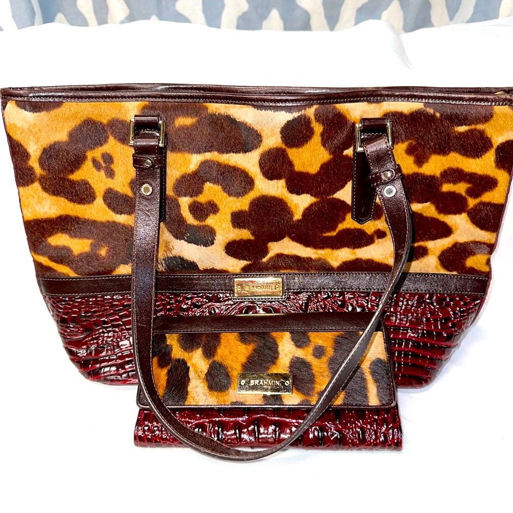 Brahmin Medium Asher Tote in Calf Hair Bergundy
